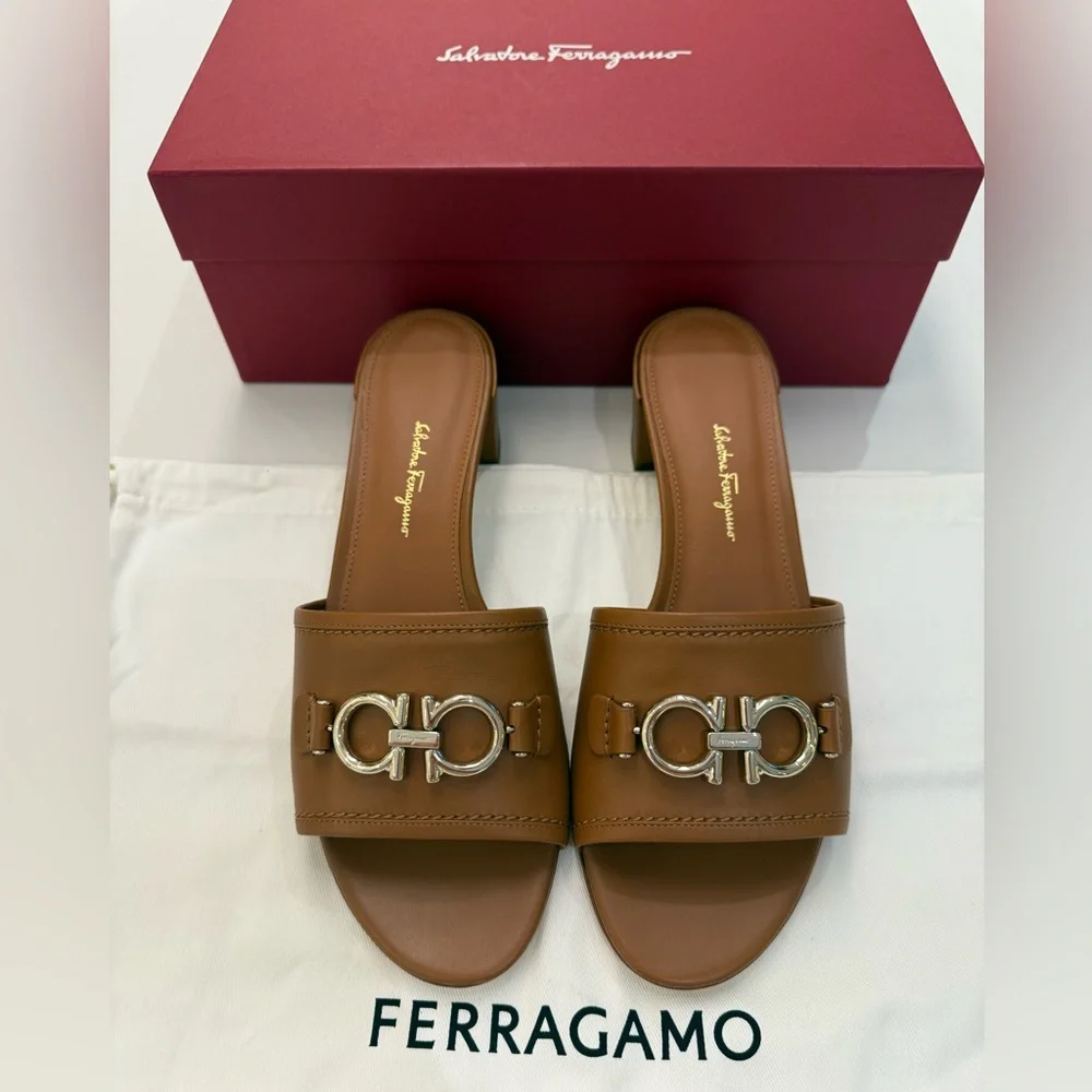 Salvatore Ladies‎ Brown Rhodes Gancini Heel Sandals, Size 9.5 - Picture 3 of 13